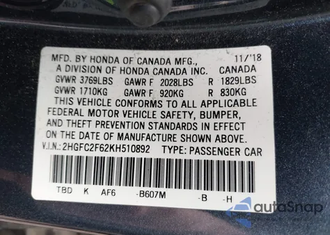 2019 Honda Civic Lx from USA, damaged, VIN 2HGFC2F62KH510892